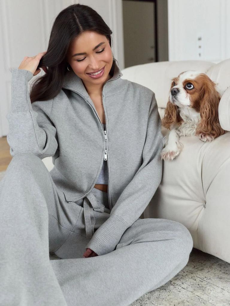 Double-open zipper sweater set, European, American autumn and winter new temperament commuting fashion casual wide-leg pants two-piece set