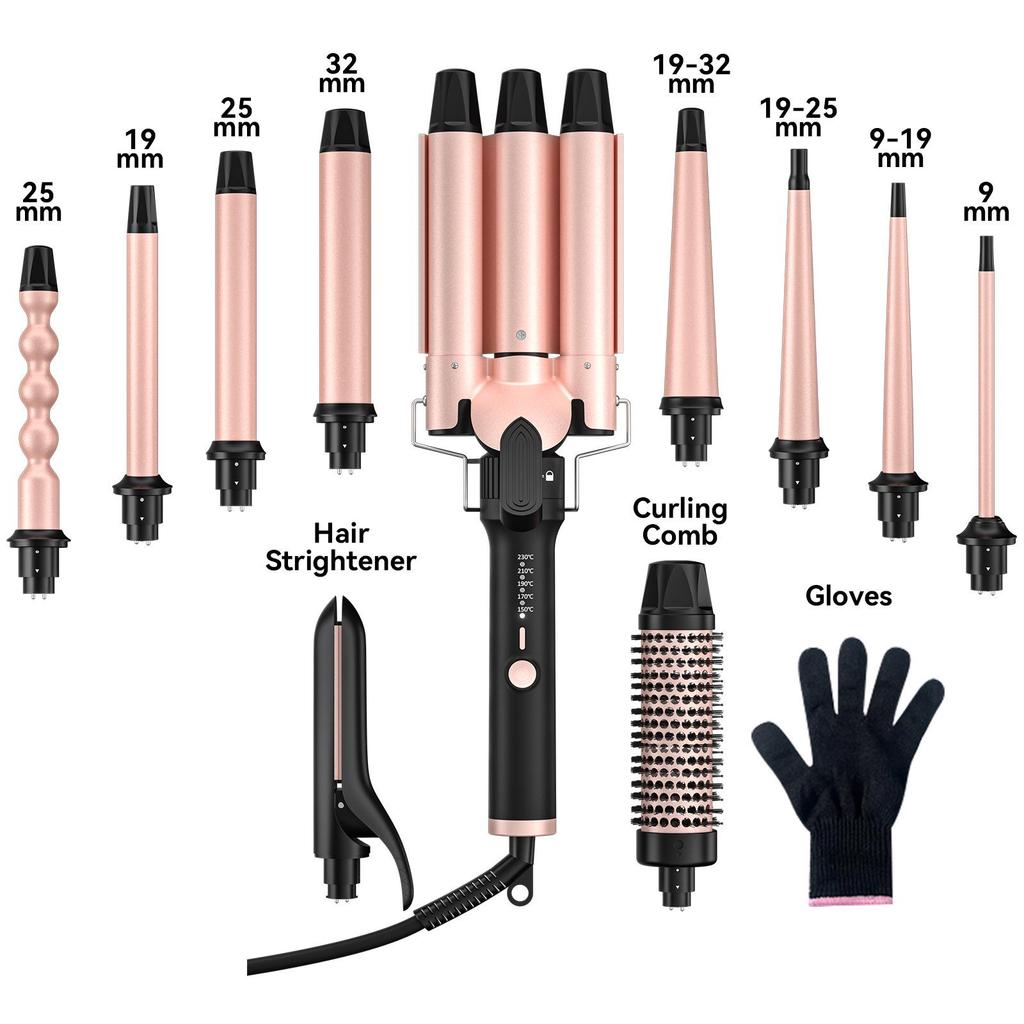 Three-in-One Large Wave Curling Wand Set with Replaceable Heads