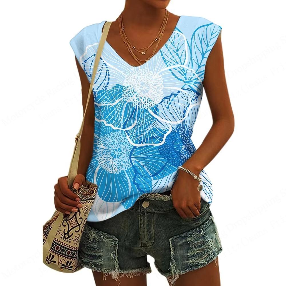 New Fashion Women's Tanks Top Floral Pattern 3d Print Tank Tops Flower Camisole Women Fashion V-Neck Short Sleeve Tops Tees Lady