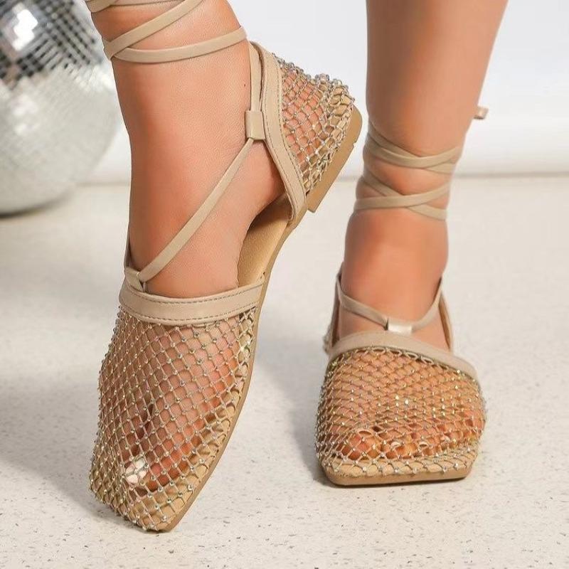

Женские сандалии большого размера, осенние новые туфли на плоской подошве с квадратной головкой, полые стразы и сетка с тонким ремешком 43 золотой