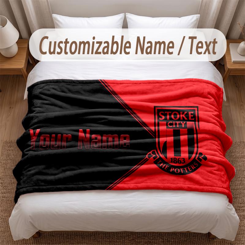Stoke City FC Printed Flannel Blanket Custom Name Text Soft Warm Throw For Bedroom Holiday Gift