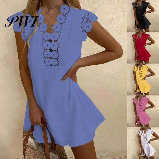 Lace Dress Women Hollow Out Summer Flower Pattern A-Line for Daily Wear Mini