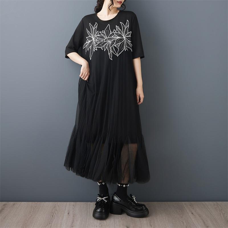 Short Sleeve Plus Size Black Mesh Vintage Embroidery Floral New In Dresses for Women Casual Loose Long Summer Dress