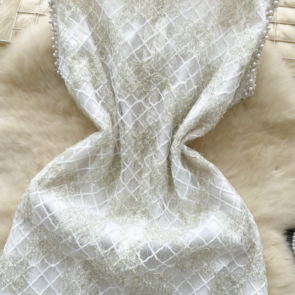 Summer Women Elegant Sleeveless Luxury Beading Plaid Lace Diamond Bowtie Mini Short Fairy Party Pencil Dresses