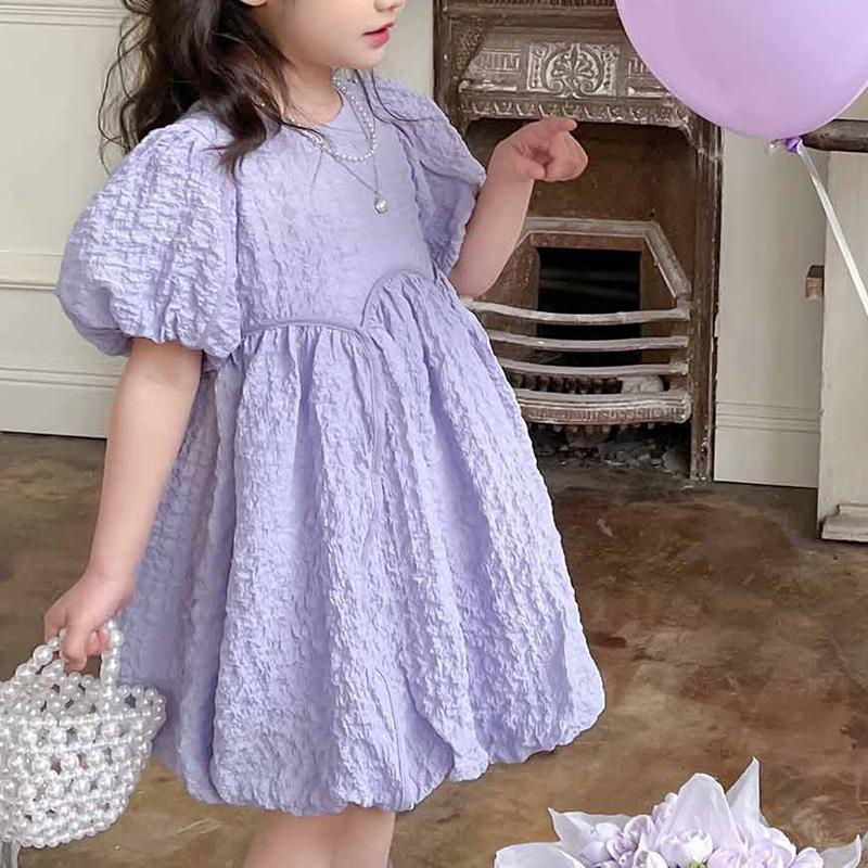 Girls' Summer Dress Solid Color Sweet Dress Short Sleeved Princess Dress Fluffy Dress for Children Clothing