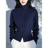 Stylish Blue Stand-up Collar Long Sleeve Knit Cardigan Sweater for Women – Chic Autumn/Winter Outerwear.