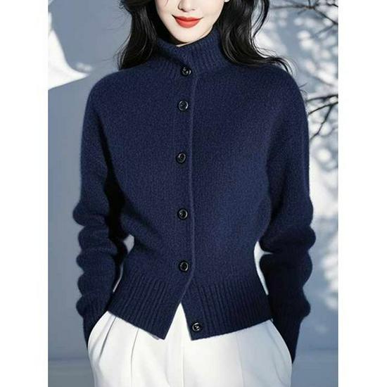 Stylish Blue Stand-up Collar Long Sleeve Knit Cardigan Sweater for Women – Chic Autumn/Winter Outerwear.