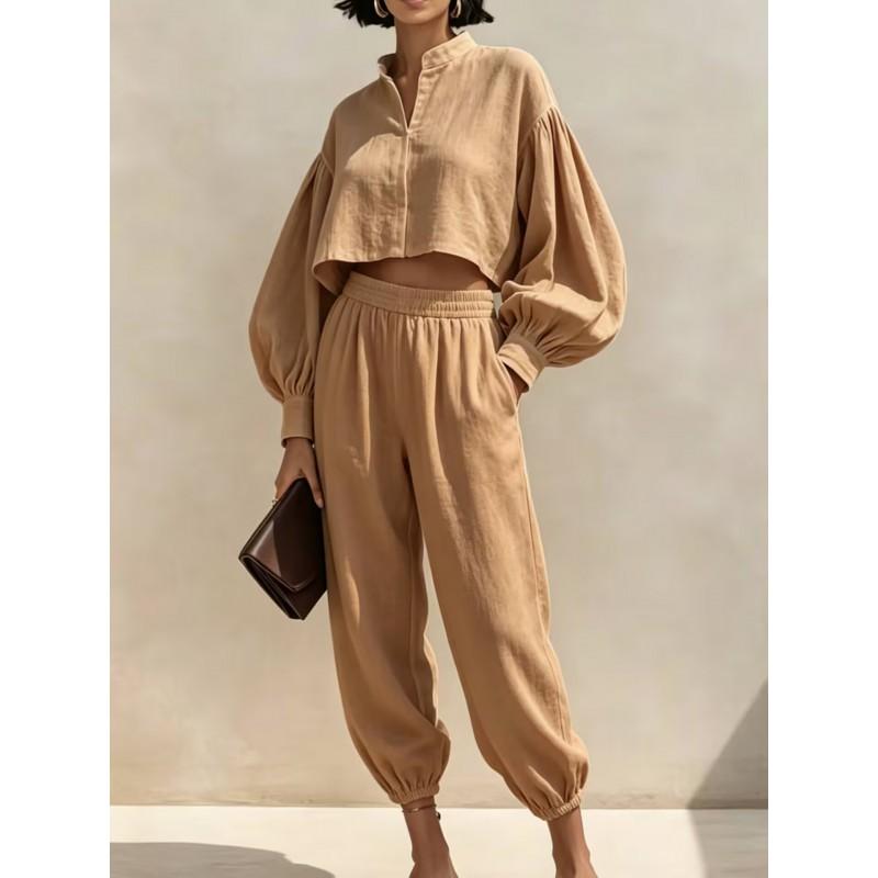 2026 Womens Relaxed Linen Cotton Short Top Elastic Waist Lantern Pants Set Casual Outfit