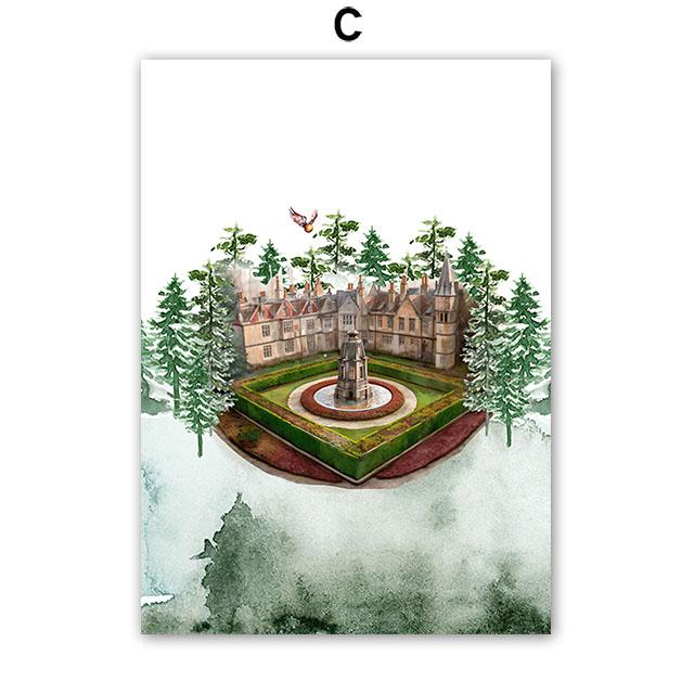 Постер в винтажном стиле H-Hogwarts, вдохновленный волшебником, сова, волшебная школа, замок, поезд, холст, настенное искусство для детской, декор для дома