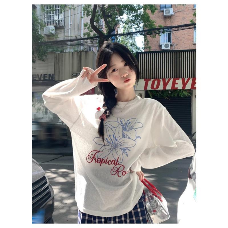 Women Casual Loose Long Sleeve Round Neck Floral Print Sun Protection T Shirt Top