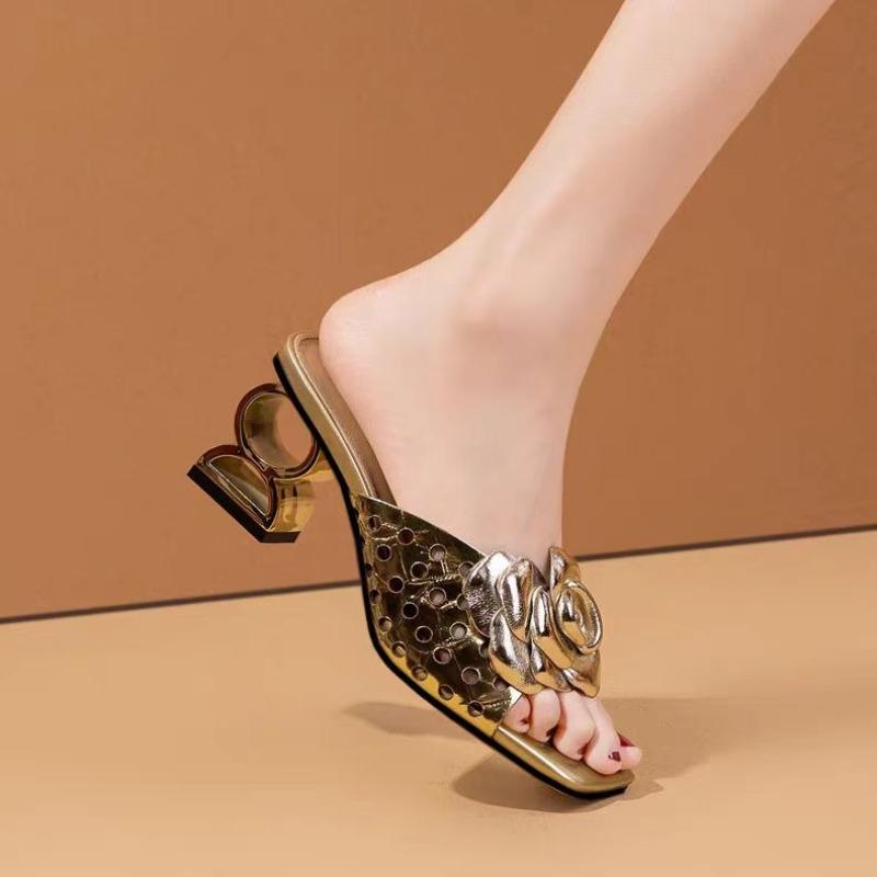 Fashion 2025 Luxury Women's Slippers Summer Chunky High Heels Square Head Open Toe Hole Flower Sandals Casual Comfort Abnormity Slippers