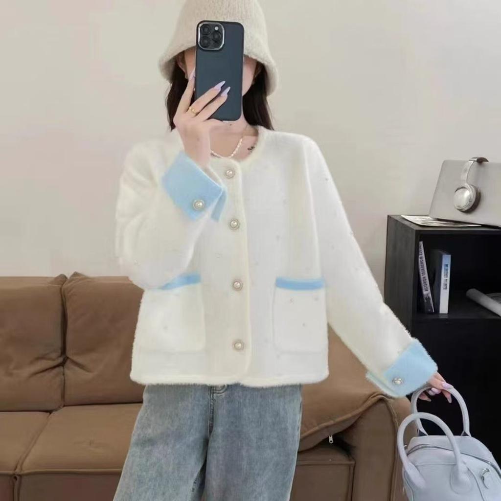 Women's Short Faux Mink Fur Cardigan Jacket Autumn Winter French Niche Top Sweater Coat