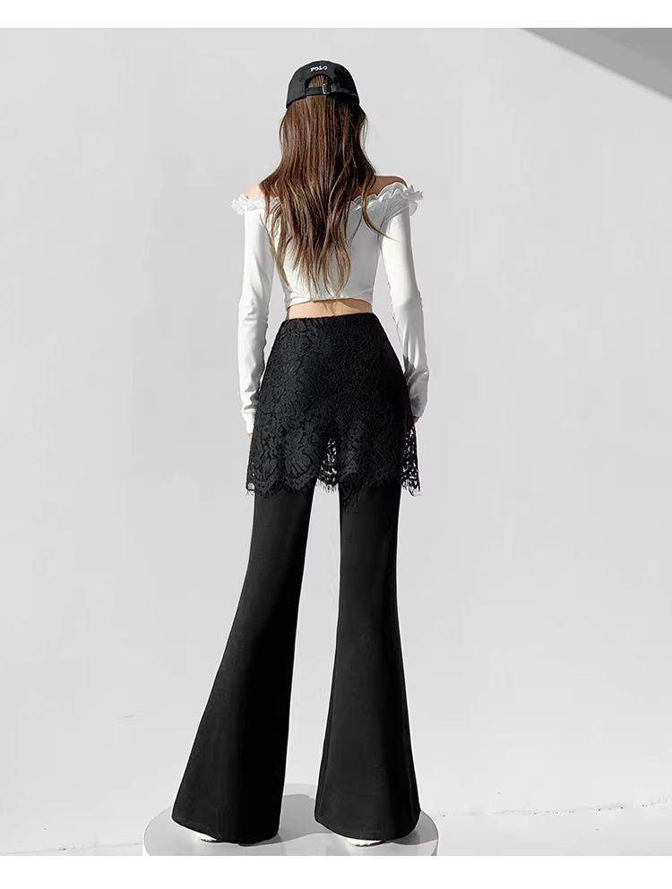 Lace Patchwork Two-Piece Look Micro-Flare Pants for Women - Black High-Waisted Slimming Body-Shaping Trousers, Spring 2026 Arrival