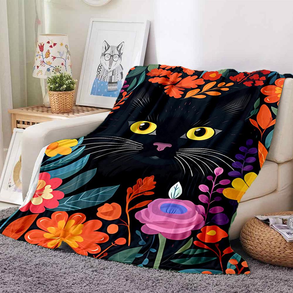 1pc Cat Flowers Lightweight Flannel Blanket, Comfortable and Warm Blanket, for Office and Camping Sofa Bed, Livingroom144