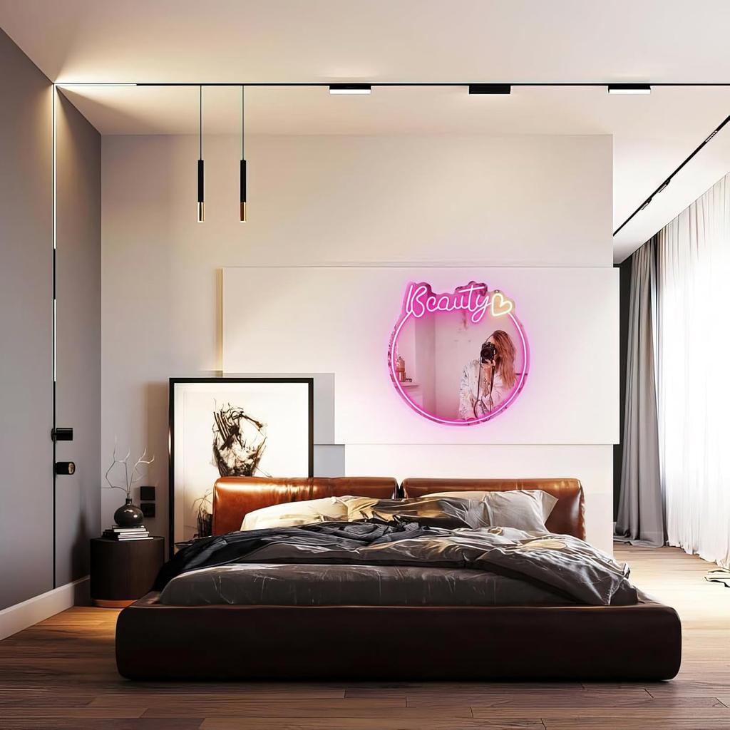 Beauty Neon Mirror Sign for Wall Decor USB Powered LED Pink Neon Light Heart Neon Light Signs for Girl's Room Bedroom Salon Decor Wedding Birthday