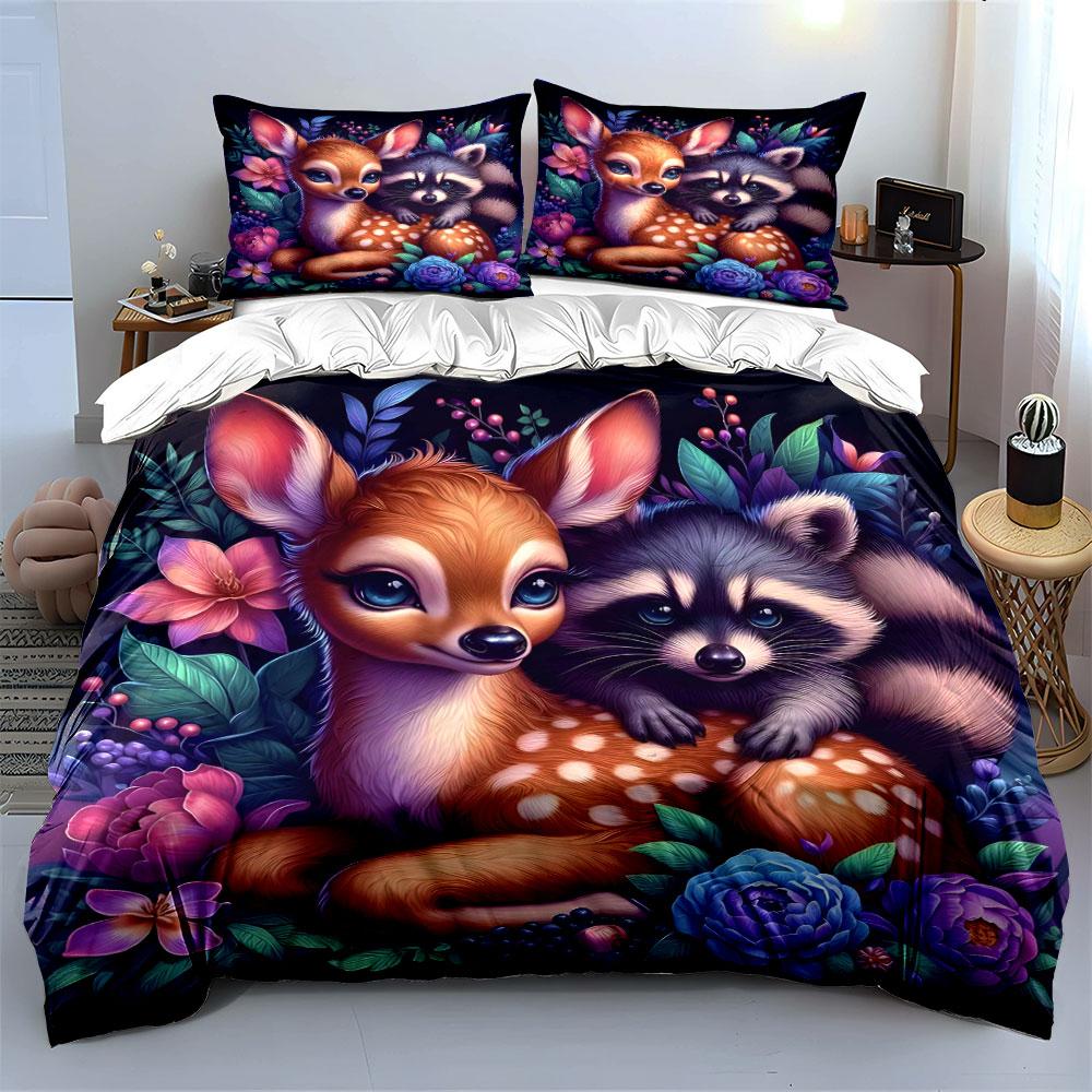 Enchanted Floral And Woodland Creatures Printed Duvet Cover Set1 Duvet Cover+2 Pillowcasemulti Size Bedroom Bedding Decor