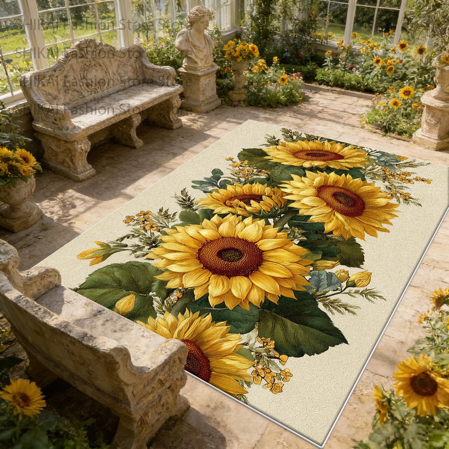 

Modern Sunflower Oil Painting Style Courtyard Rug Decoration Bedroom Bedside Antiskid Carpet Easy Clean Short Velvet Floor Mats 60x90cm