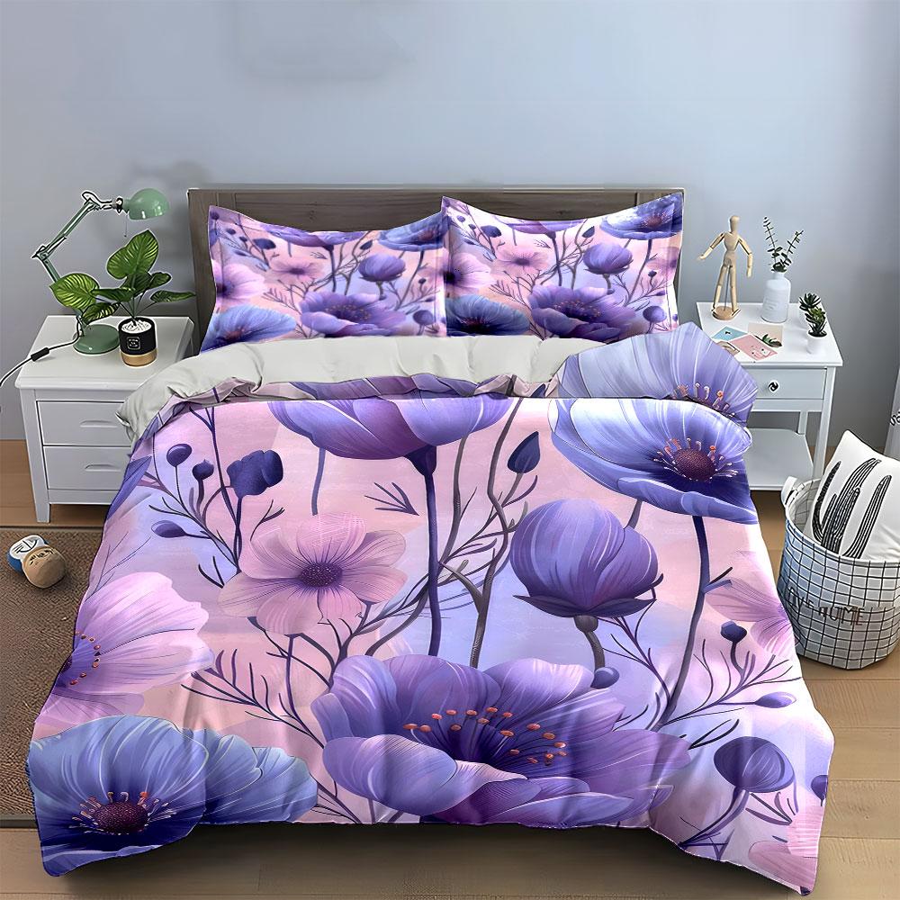 Elegant Purple Floral Three-Piece Set Kid'S And Adults' Bedroom Decor, Exquisite Three-Piece Bedding Set Gift