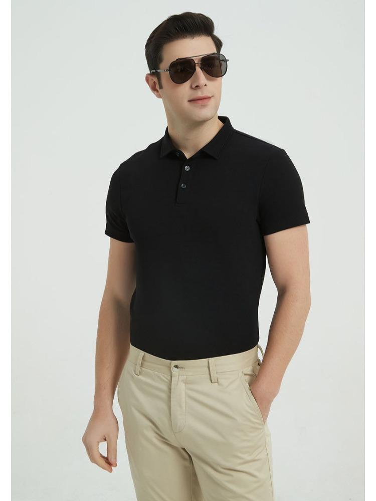 230g Double-sided Cotton Air-layer Shirt-collar Short-sleeve T-shirt Solid Color Minimalist Lightweight Breathable Business T-shirt