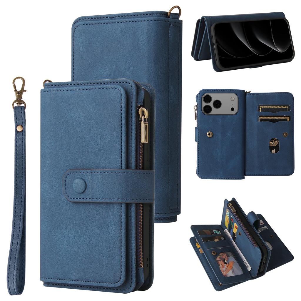 For iPhone 17 Pro Max Zipper Wallet Case with 15 Card Slots and Strap Leather Phone Cover