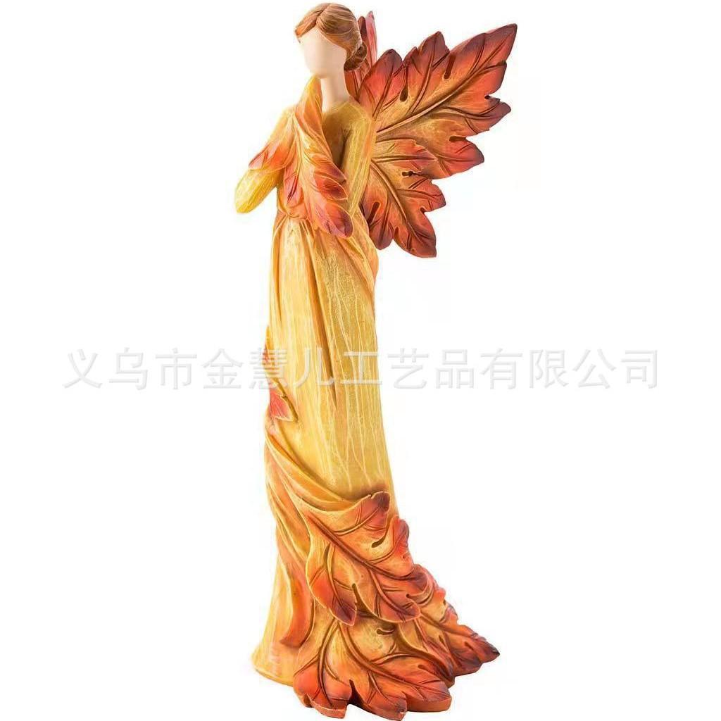 Autumn Angel Resin Figurine Standing Decorative Sculpture with Leaf Wings and Flowing Dress for Home Office Display and Seasonal Decoration