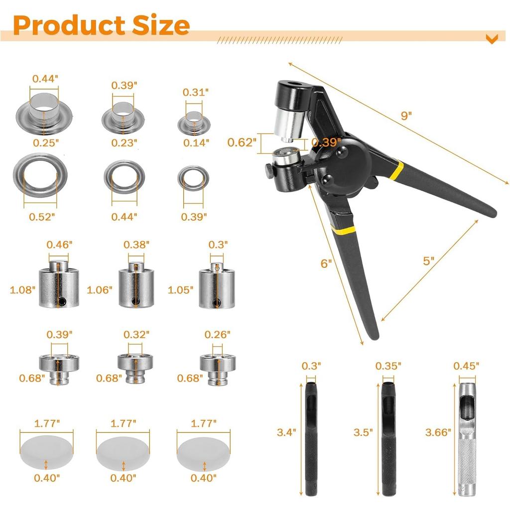 Grommet Tool Kit 8mm 10mm 12mm Hand Press Multi-Size Eyelet Pliers Kit with 900 Grommet Supplies & Hollow Hole Punch Tool Handheld Eyelet Setter