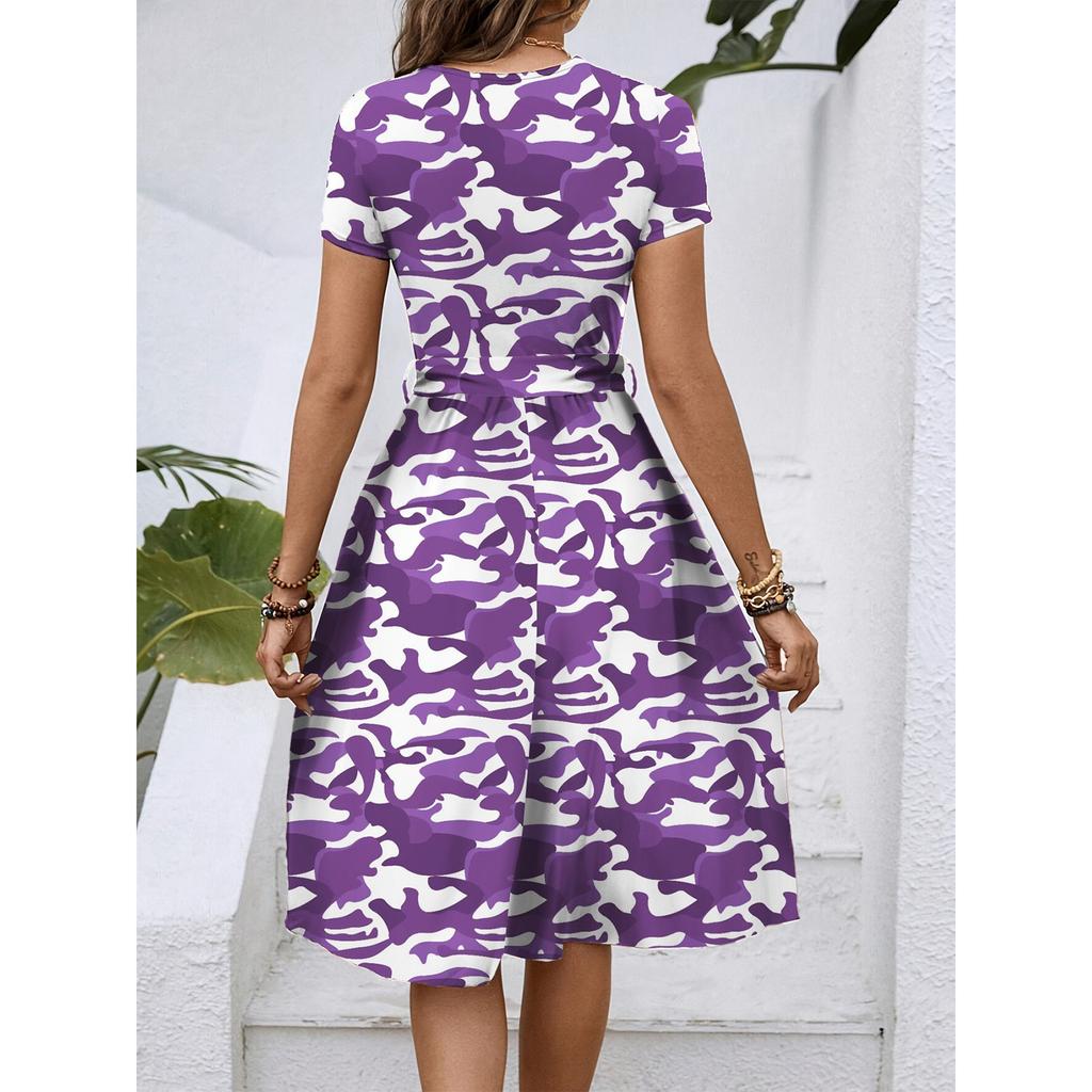 Women's Fashionable Retro Patterned Printing Color Blocked Belt Casual Dress