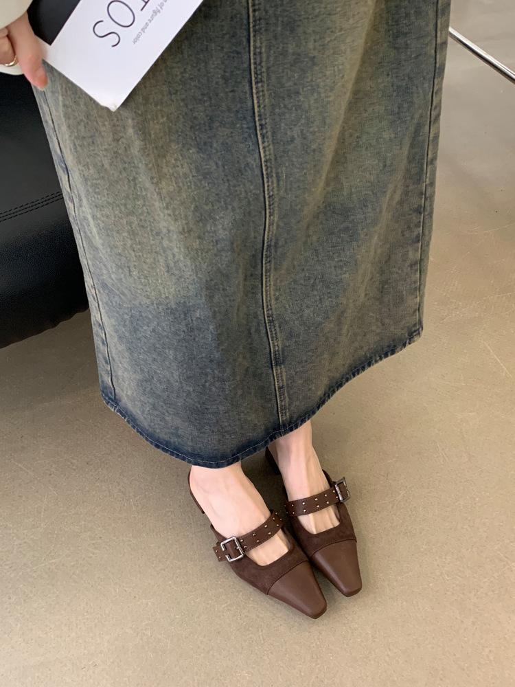 Baotou Slippers Women's Outer Wear 2025 Summer New French Small Fragrant Style Square Head Shallow Mouth Muller Half Slippers Flat Shoes