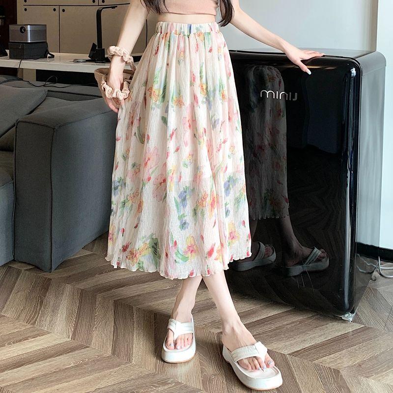 Floral Print Midi Skirt Women's Summer Elegant Stylish Split Hem Slimming High Waist A-Line Skirt