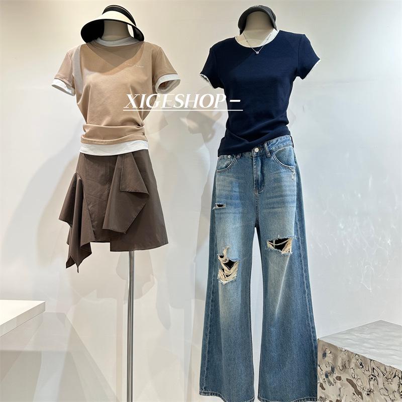 Navy Blue Lace Trim Slim Fit Korean Style Ribbed Stretch Tee, Straight Shoulder Summer T-Shirt