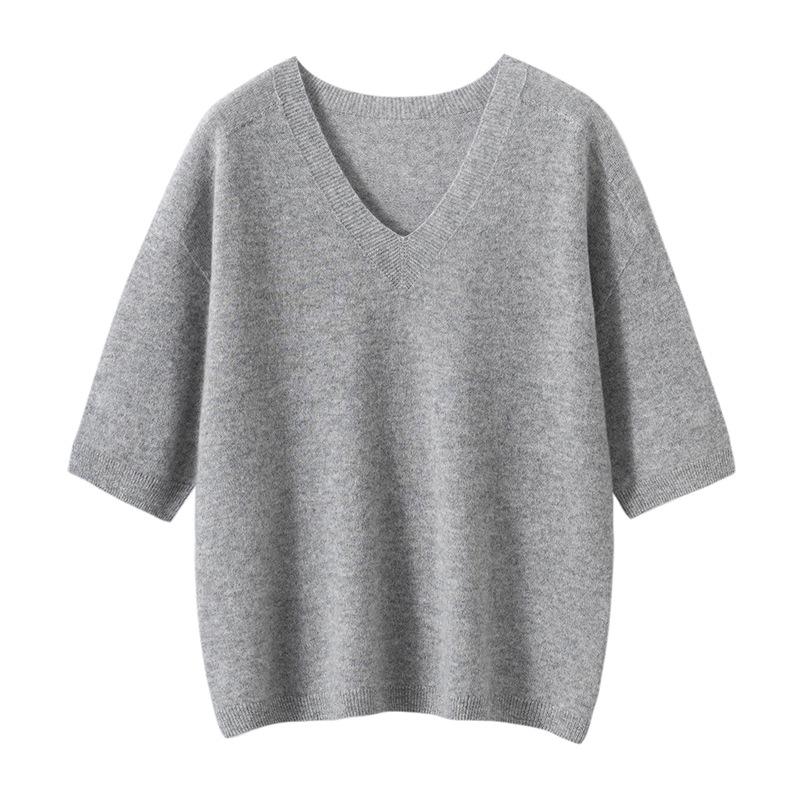 Women's V-Neck Short Sleeve Cropped Cashmere Sweater - Loose Knit Base Layer for Autumn/Winter