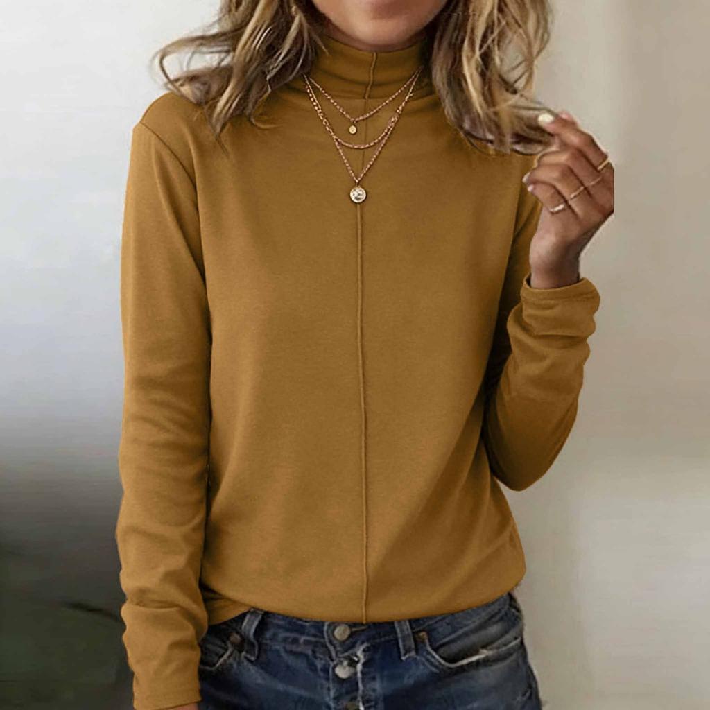 Women's Fashionable Casual Long-sleeved Solid Color Mock Neck Base Top