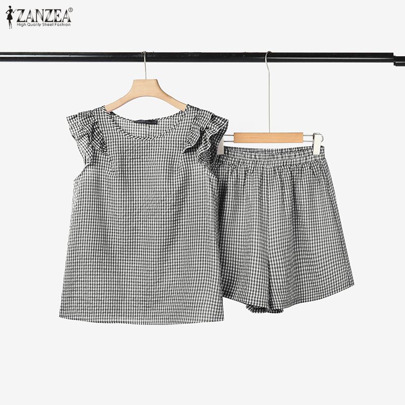 ZANZEA Women Sleeveless Tank Tops and Shorts Summer Grid Print Two Piece Sets