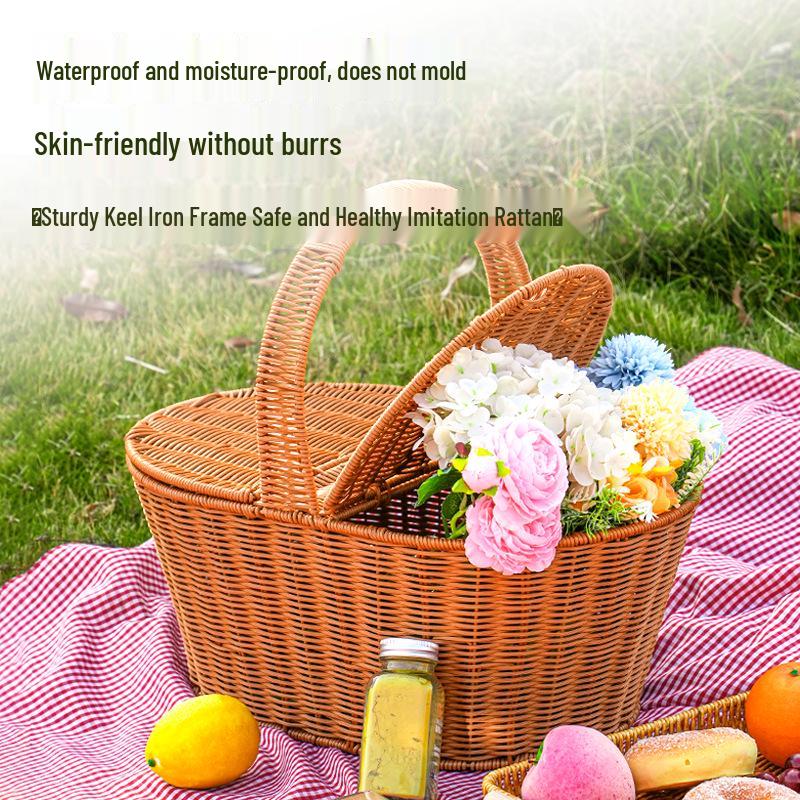 Large Retro Flip-Top Wicker Picnic Basket - Ideal for Outdoor Shopping and Storage of Fruits and Vegetables