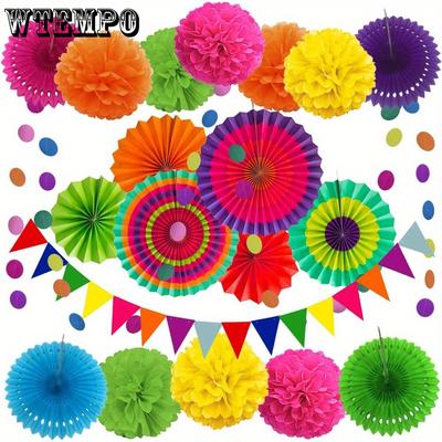 2sets Tissue Pom Poms Party Decoration Multi-color Hanging Paper Fans Flowers Garlands String Polka and Triangle Bunting Flags for Birthday Parties