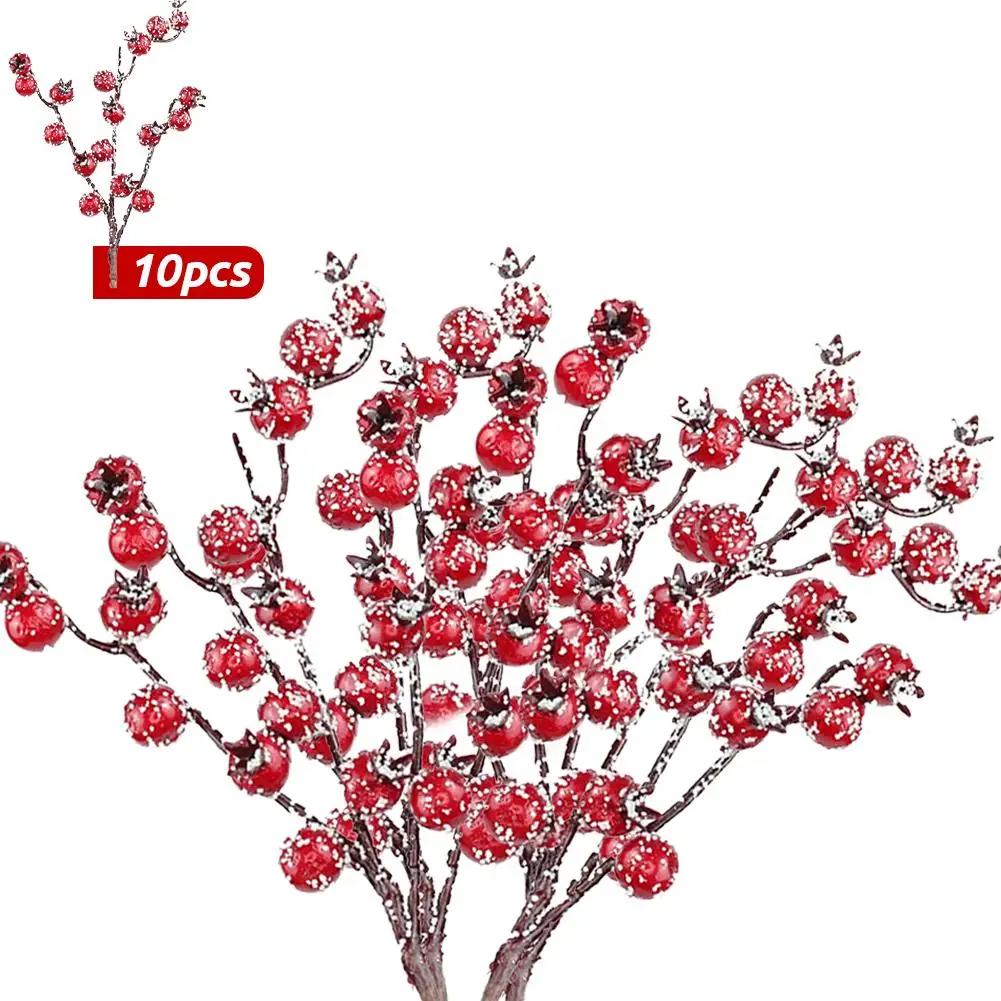 10pcs Simulated Berry Decoration Artificial Red Berry Stems For Christmas Tree Decor DIY Crafts Wreath Decor Berries Branch Q6O6