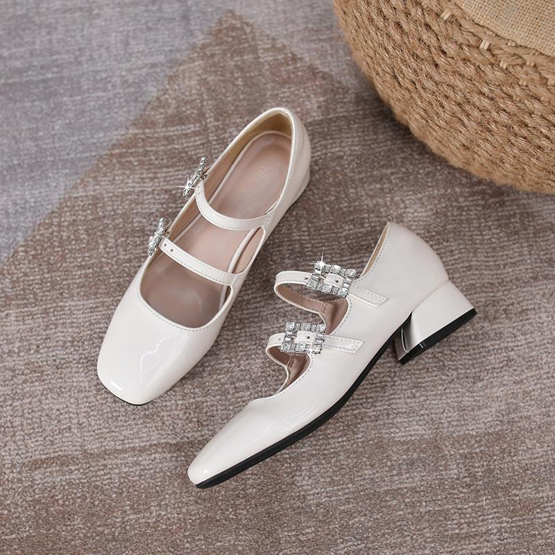 2024 new square head rhinestone buckle with thick heel Mary Jane patent leather single shoes women's wedding shoes with shallow mouth
