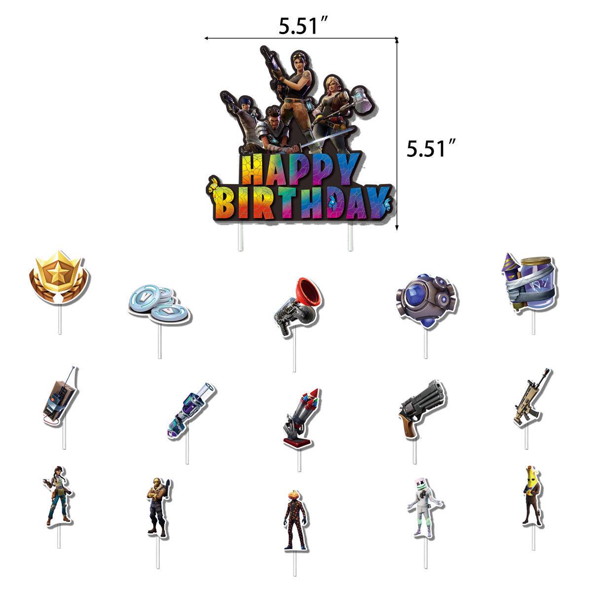 

Fortnite Birthday Party Decorations: Game Pull Flags & Cake Toppers for Boys