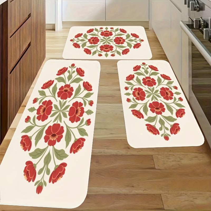 1PC Red floral Pattern Kitchen Rug Non-Slip Door Mat Pop design Bathroom Rug Bath Mat Carpet for Home Sink Laundry Decoreeree