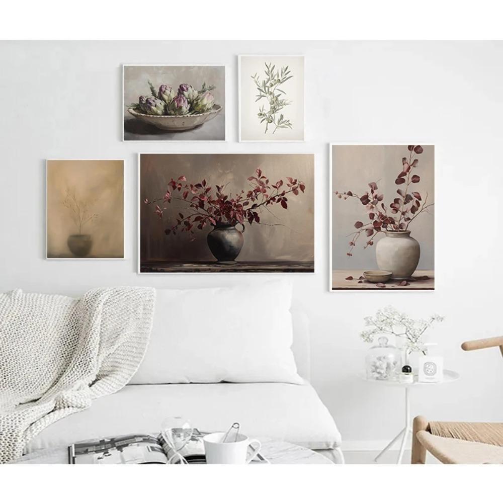 Vintage Botanical Burgundy Floral Posters Olive Branch Fruit Still Life Prints Canvas Painting Wall Art Pictures Home Room Decor