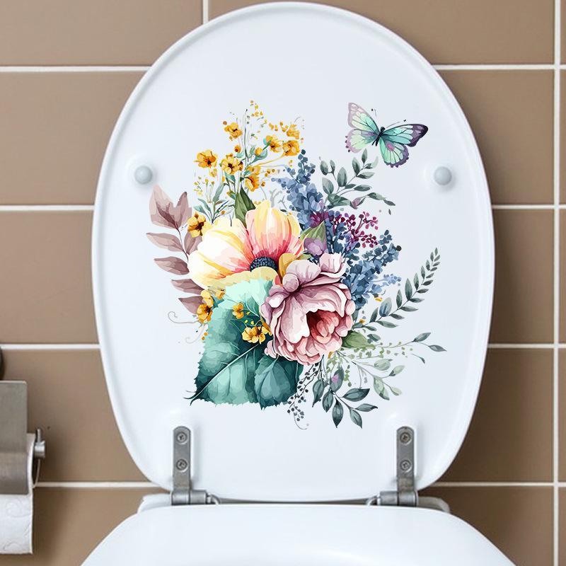 Toilet Sticker Waterproof Floral Butterfly Self Adhesive Removable No Trace for Home Bathroom Renovate