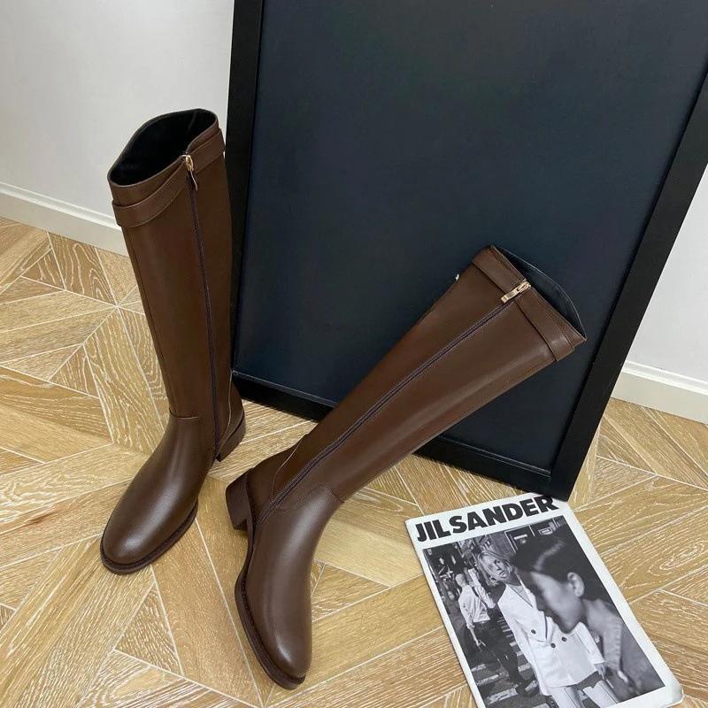 Vintage Women Slim Knee-High Boots Fashion Belt Buckle Shoes Autumn Winter Low Heel Ladies Modern Long Booties