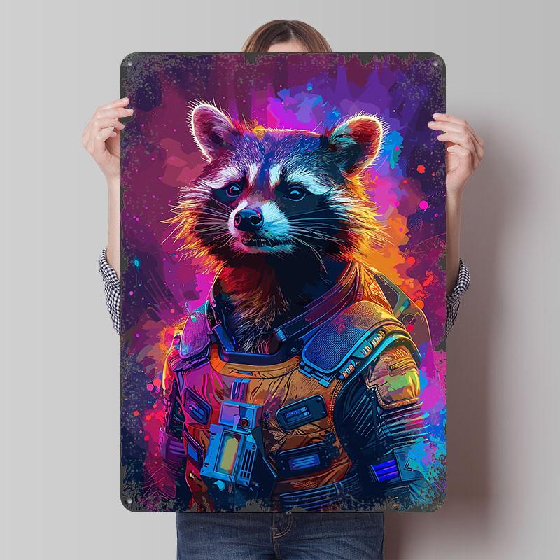 Astronaut Racoon Space Metal Poster Customized Wall Art Retro Vintage Tinplate Signs for Coffee Bar Accessories House Decor Room 20x30cm（7.8x11.8inch）