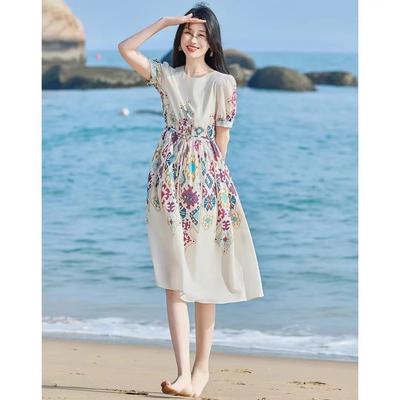 Romantische Französisch Serie Licht und Elegante Fee Atmosphäre Gedruckt Mid-ärmeln Kleid Sommer