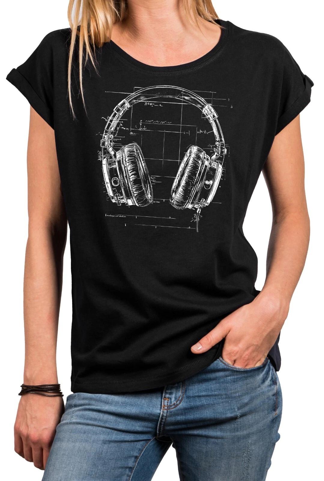 Ladies Headphone Design Headphone Print T-Shirt Fashion Headphones Top Women- XL