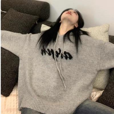 Damen Kapuzenpullover für Herbst und Winter, Lässige lockere Strick-Over-Tops mit Buchstaben