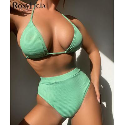 Costum de baie sexy cu Halter cu coaste Bikini cu talie înaltă Costum de baie pentru femei Set de bikini din două piese Costum de baie pentru baie