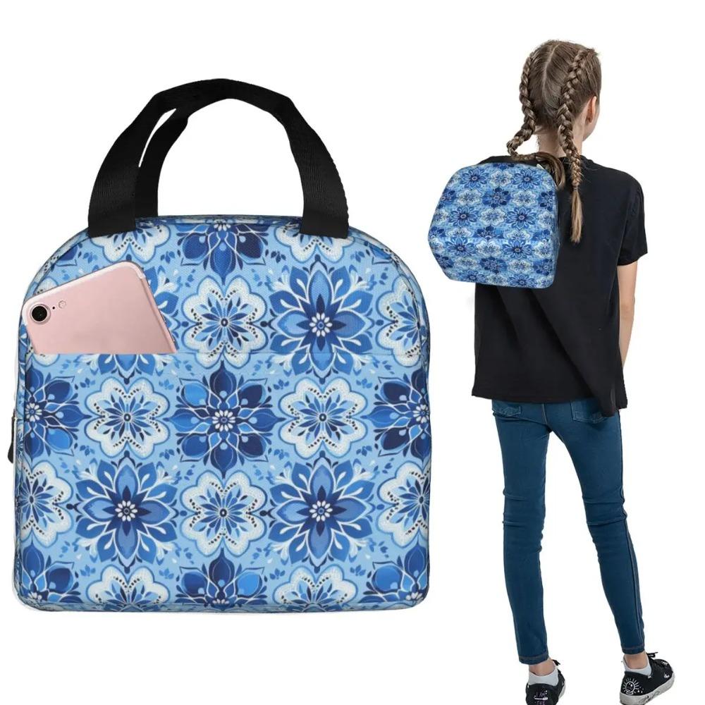 Antique Blue Azulejo Tile Floral Insulated Lunch Bag for Women Kids Portable Food Boxes Thermal Lunch Box Tote