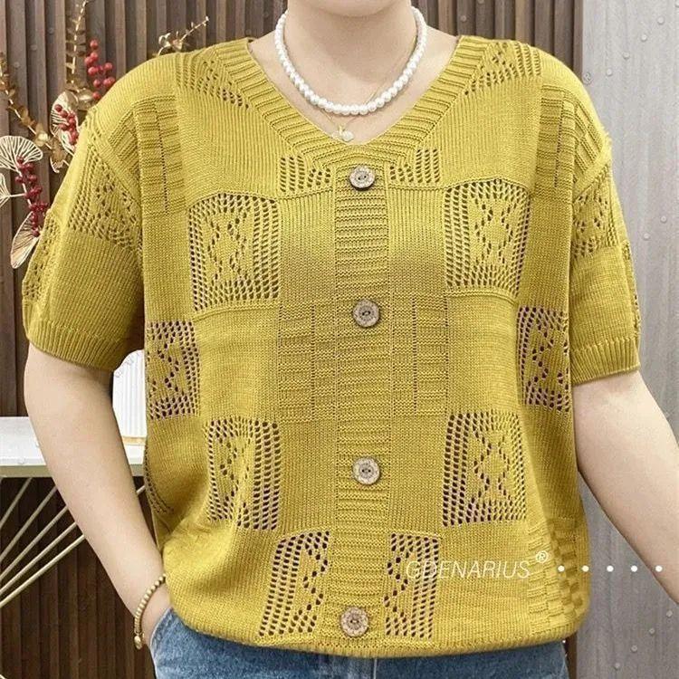 Slim Casual Base Knitted Short Sleeved Hollowed Out Shirt Solid Basic Tee Tops