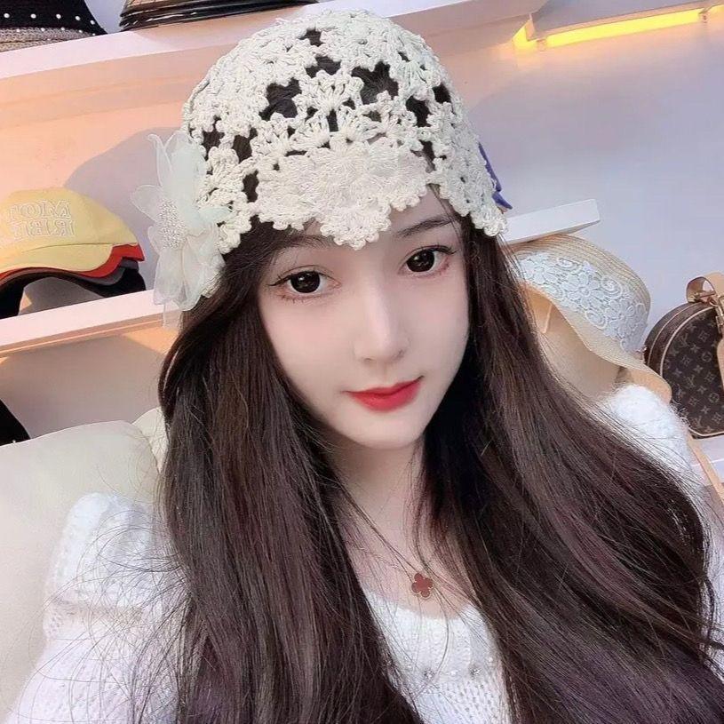 Women's Spring Summer Korean Style Thin Hollow Pearl Petal Handmade Knit Hat Elegant Wool Cap Sweet Head Wrap Hat
